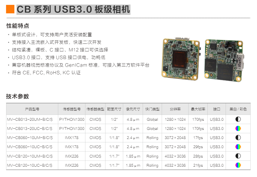 CB 系列 USB3.0 板级相机(图1)